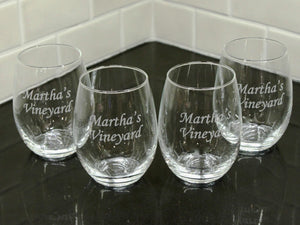Martha's Vineyard Etched Stemless Wine Glass Set of 4