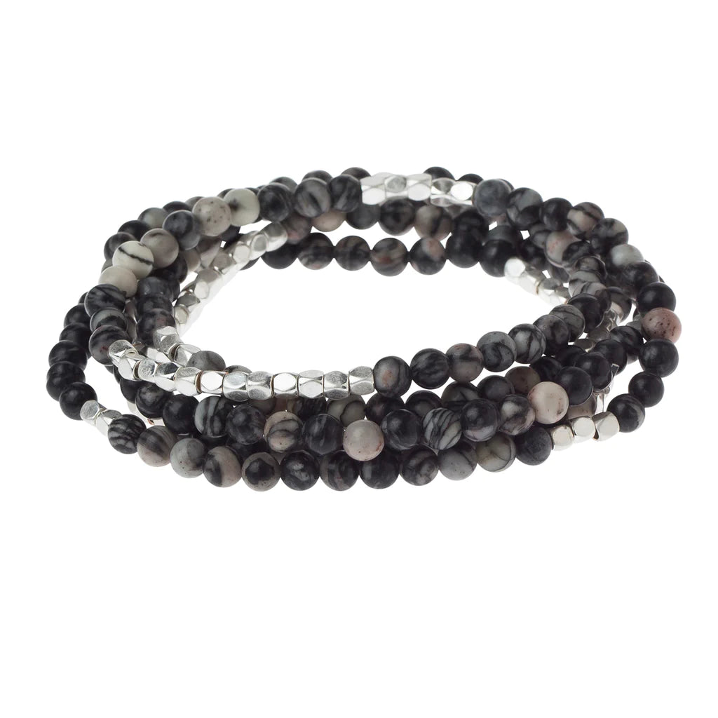 Black Network Agate Gemstone Wrap With Silver Accents